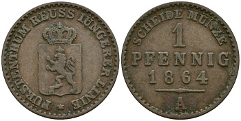 Рейсс-Гера 1 пфенниг 1864 KM 69, SCH 40 медь 46-611