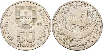 ПОРТУГАЛИЯ 50 ЭСКУДО 1989 ПАРУСНИК KM 636 медно-никель 4565-125