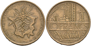 Франция 10 франков 1976 тип Матье KM 940, Le Franc 365.7-8 никель латунь 4531-815