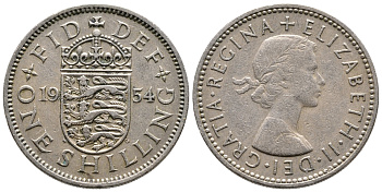 Великобритания 1 шиллинг 1954 Елизавета II (1952-2022), Английский герб KM 904, Spink 4147 медно-никель 86-924