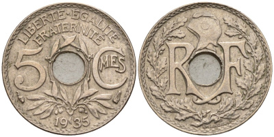 Франция 5 сантимов 1935 KM 875 медно-никель 4596-633