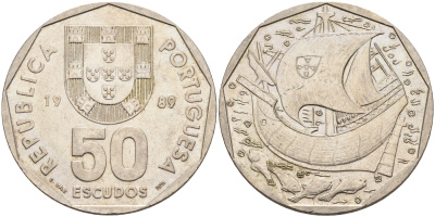 ПОРТУГАЛИЯ 50 ЭСКУДО 1989 ПАРУСНИК KM 636 медно-никель 4565-125