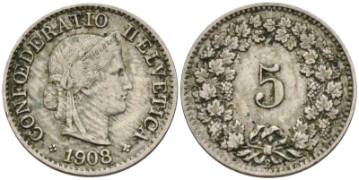 Швейцария 5 раппенов 1908 KM 26 медно-никель 4152-558
