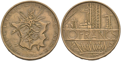 Франция 10 франков 1976 тип Матье KM 940, Le Franc 365.7-8 никель латунь 4531-815