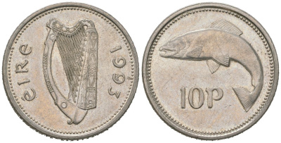 Ирландия 10 пенсов 1993 лосось KM 29 медно-никель 4573-1012
