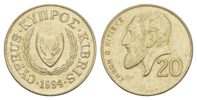 Кипр 20 центов 1994 Зенон Китийский KM 62.2 никель латунь UNC 4652-353