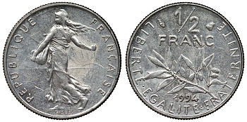 Франция 1/2 франка 1994 сеятель KM 931.1, Le Franc 198.37 никель 4128-246