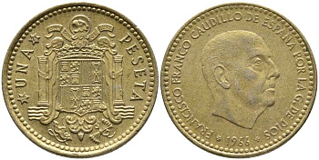 ИСПАНИЯ 1 ПЕСЕТА 1966 (73) ФРАНСИСКО ФРАНКО ДИКТАТОР ИСПАНИИ (1939-1975) KM 796 алюминиевая бронза 110-1236