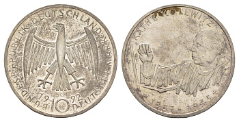 Германия 10 марок 1992 G, 125 лет со дня рождения Кете Кольвиц KM 178 серебро UNC 4634-1031