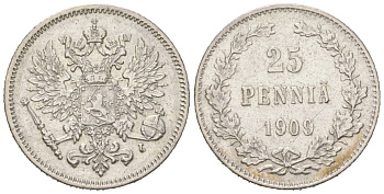 Россия для Финляндии 25 пенни 1909 L, Николай II (1894-1917) KM 6.2, Биткин 417 серебро 3851-1064