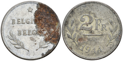 БЕЛЬГИЯ 2 ФРАНКА 1944 KM 133 сталь плакированная цинком 188-1057