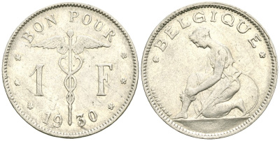 Бельгия 1 франк 1930 KM 89 никель 4177-1026