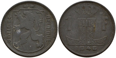 Бельгия 1 франк 1946 Belgie - Belgique, Леопольд III (1934-1947), германская оккупация, Вторая мировая война KM 128 цинк 4161-623