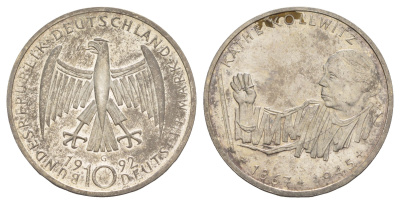 ФРГ 10 марок 1992 G, 125 лет со дня рождения Кете Кольвиц KM 178 серебро UNC 4634-1031