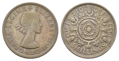 Великобритания 2 шиллинга (флорин) 1955 Елизавета II (1952-2022) KM 906, Spink 4146 медно-никель 4699-544