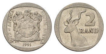ЮАР 2 ранда 1991 KM 139 медь плакированная никелем 4626-1137