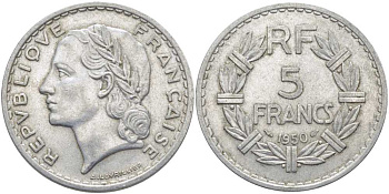 ФРАНЦИЯ 5 ФРАНКОВ 1950 KM 888b.1, LE FRANC 339.20 алюминий 111-1131