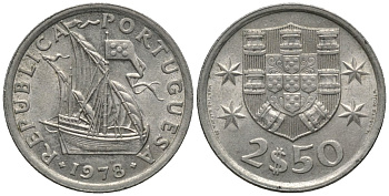 Португалия 2,5 эскудо 1978 парусник KM 590 медно-никель 26-1013