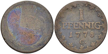 САКСОНИЯ 1 ПФЕННИГ 1778 С, ФРИДРИХ АВГУСТ III (1763-1806) KM 1000 (С91) медь 206-352