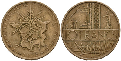 Франция 10 франков 1977 тип Матье KM 940, Le Franc 365.9-10 никель латунь 4159-714