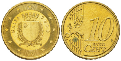 Мальта 10 евроцентов 2008 F KM 128 нордик UNC 4551-1116