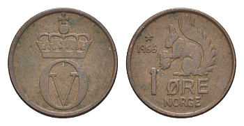 Норвегия 1 эре 1966 Улаф V (1957-1991) KM 403 бронза 4632-1117