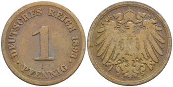 ГЕРМАНИЯ 1 ПФЕННИГ 1893 D KM 10, Jager. 10, Weege 2 медь 4528-1126