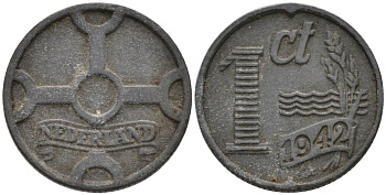 Нидерланды 1 цент 1942 Вильгельмина (1890-1948) KM 170 цинк 3458-159