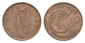 Ирландия 1 пенни 1974 мифологическая птица лира KM 20 бронза 4690-358