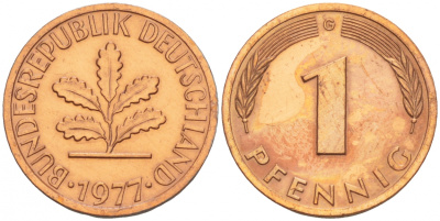 ФРГ 1 ПФЕННИГ 1977 G KM105, J.380 сталь плакированная медью 4532-1265