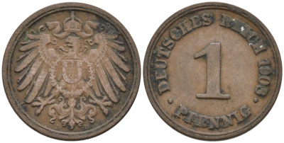 Германия 1 пфенниг 1908 D KM 10, J. 10 медь 4567-1268