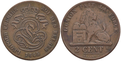 БЕЛЬГИЯ 2 САНТИМА 1845 BELGES KM 4.2 медь 28-227