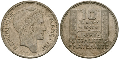 Франция 10 франков 1949 тип Пьер Турин KM 909.1, Le Franc 362.3 медно-никель 4120-1232