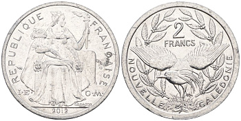Французская Новая Каледония 2 франка 2012 птица кагу, (IEOM) KM 14, Schoen 11 алюминий    29-733