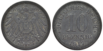 Германия 10 пфеннигов 1917 KM 26, J. 299, Weege 8 цинк 4119-311
