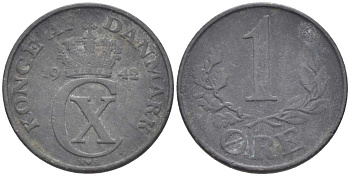 ДАНИЯ 1 ЭРЕ 1942 N; S, КРИСТИАН X (1912-1947) KM 832 цинк 4387-112
