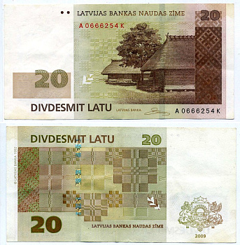 Латвия 20 латов 2009 Pick 55b, Сергеев 25 бумага 451-462-3