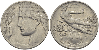 Италия 20 чентезимо 1913 R, Виктор Эммануил III (1900-1946) KM 44 никель 28-117