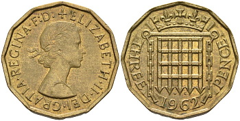 Великобритания 3 пенса 1962 Елизавета II (1952-2022) KM 900, Spink 4153 никель латунь 4126-722