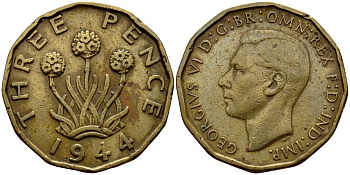 Великобритания 3 пенса 1944 Георг VI (1936-1952) KM 849, Spink 4112 никель латунь 4398-1155