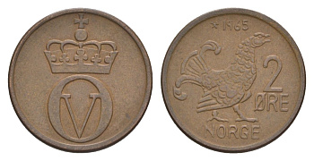 Норвегия 2 эре 1965 Улаф V (1957-1991) KM 410 бронза 4635-343