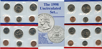 США официальный набор из 10 монет и 2 жетонов 1998 1, 5, 10, 25 и 50 центов, монетные дворы P и D, в оригинальном конверте KM MS 162   UNC  00-00