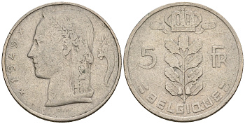 Бельгия 5 франков 1949 Леопольд III (1934-1950), Belgique KM 134.1 медно-никель 259-1046