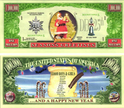 США 1000000 ДОЛЛАРОВ 2002 СУВЕНИРНАЯ БАНКНОТА, РОЖДЕСТВО, 25 ДЕКАБРЯ, САНТА КЛАУС, СПИСОК ХОРОШИХ МАЛЬЧИКОВ И ДЕВОЧЕК, СЧАСТЛИВОГО НОВОГО ГОДА бумага UNC (ПРЕСС) 7198-44-2-2
