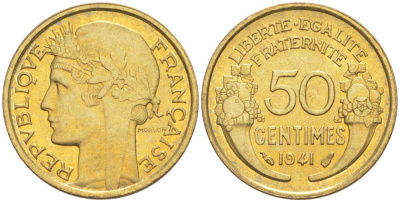 ФРАНЦИЯ 50 САНТИМОВ 1941 ТИП MORLON KM 894.1, LE FRANC 192.18 алюминиевая бронза 44-529