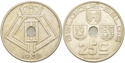 БЕЛЬГИЯ 25 САНТИМОВ 1938 BELGIQUE-BELGIE, МОНЕТНАЯ РОТАЦИЯ KM 114.1 никель латунь 4546-155