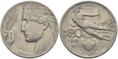 Италия 20 чентезимо 1913 R, Виктор Эммануил III (1900-1946) KM 44 никель 28-117