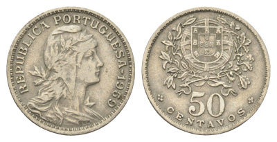Португалия 50 сентаво 1959 голова Свободы вправо KM 577 никель латунь 4659-641