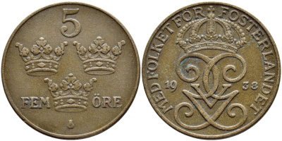 Швеция 5 эре 1938 Густав V (1907-1950) KM 779.2 бронза 4394-935