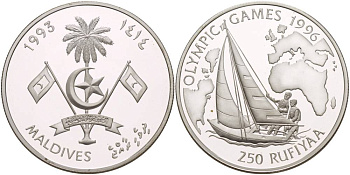Мальдивские острова 250 руфий 1993 Олимпийские игры 1996 года, регата, яхта KM 85 серебро PROOF 1081-8-54
